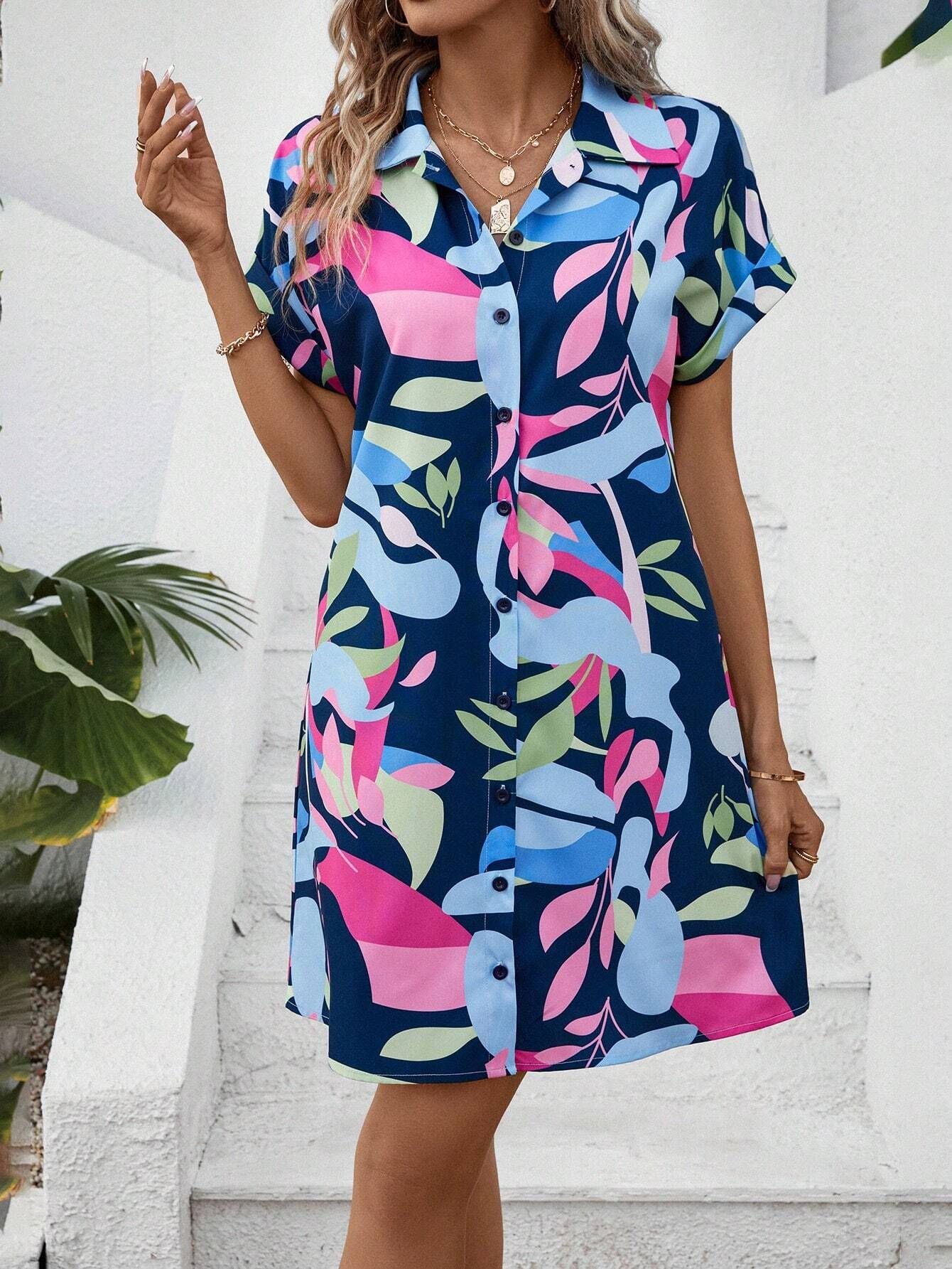 Summer New Fashion Colorful Floral Printed Open Front Short Sleeve Shirt Dress