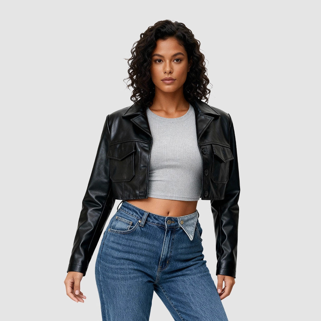 Splicing Leather Jacket Women's Winter Jacket