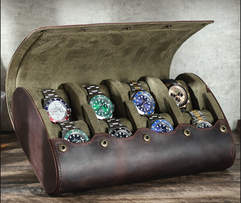 Vintage Crazy Horse Leather 8-Piece Shockproof Watch Storage Box, Portable Genuine Leather Watch Case for Travel