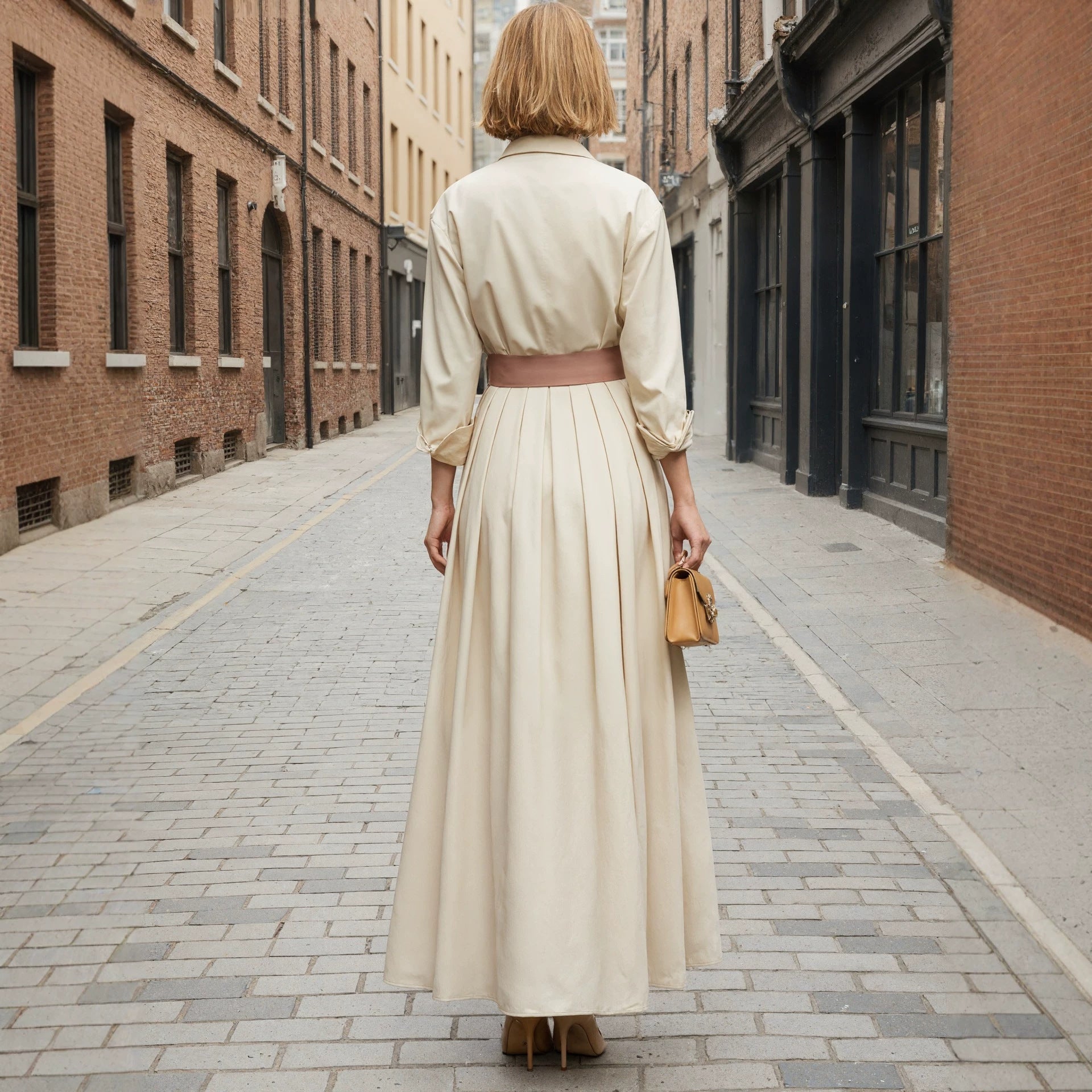 Long sleeved shirt collar solid color long skirt dress