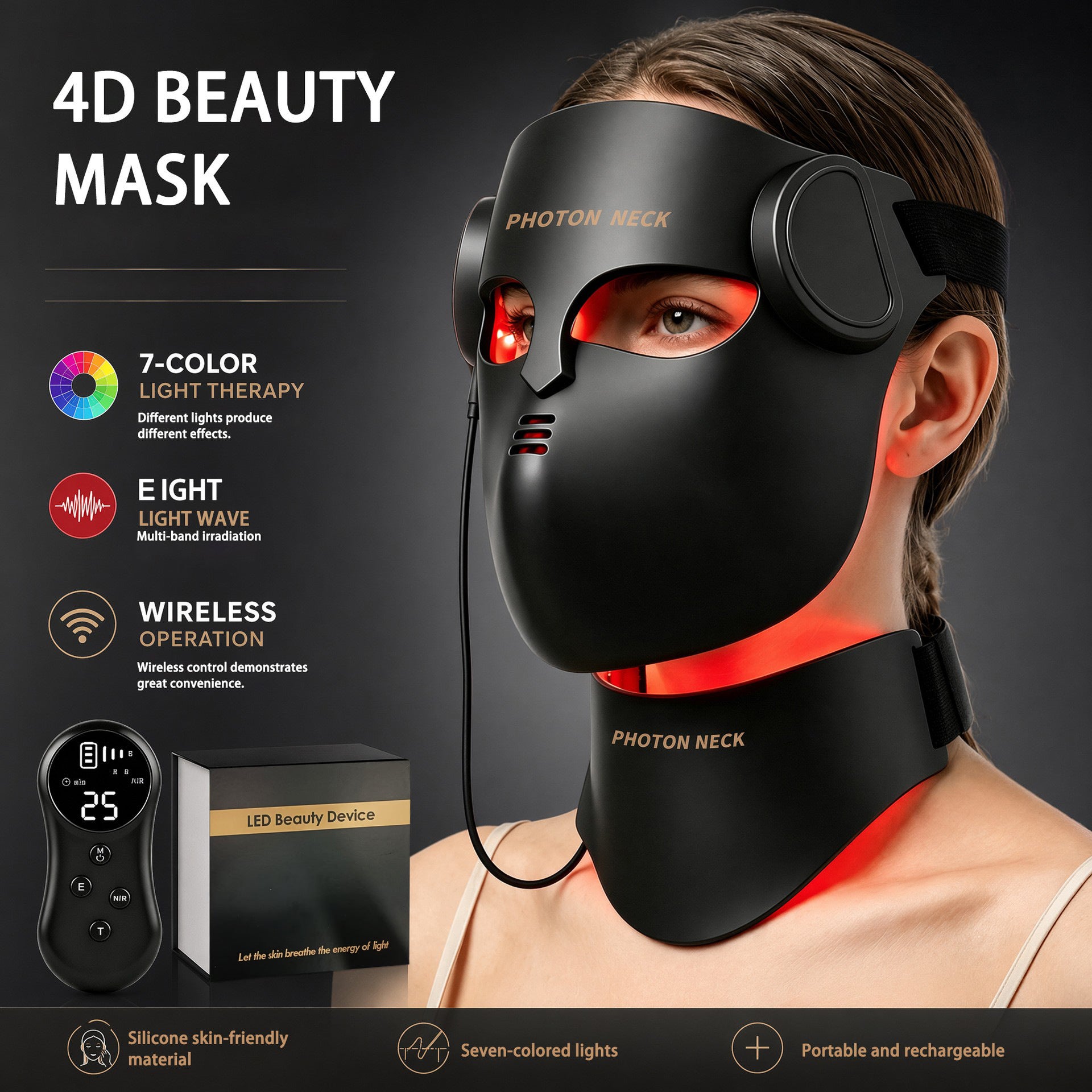 Cross-border 4D Beauty Face Mask Home Wireless Remote Control Colorful Silicone Facial Mask LED Silicone Beauty Face Mask Beauty
