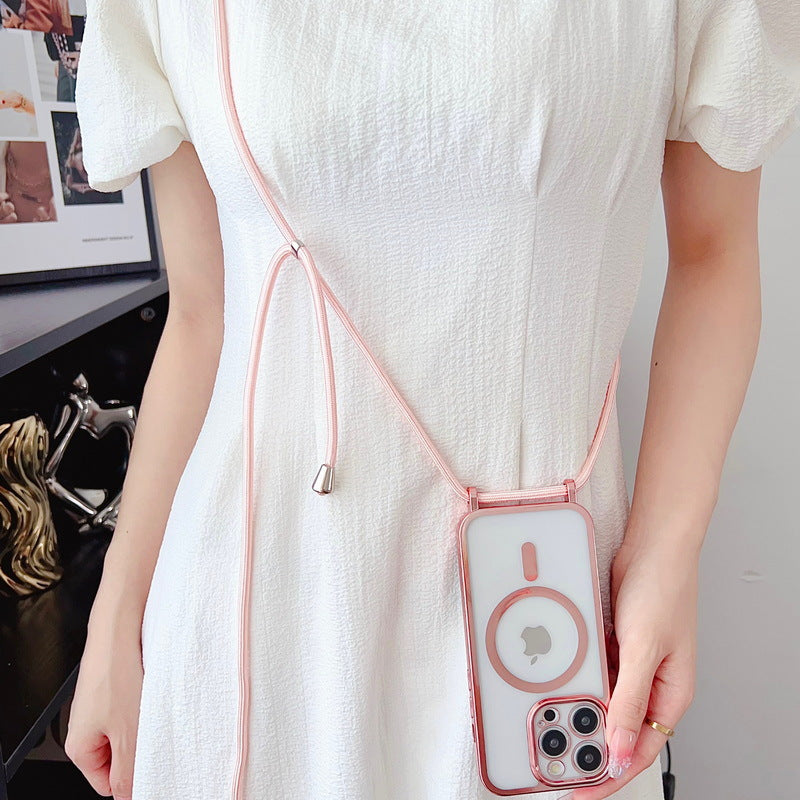 Applicable iPhone 16 Electroplated Lanyard Phone Case 15 Pro Transparent Magnetic Apple 17 Crossbody Shockproof Protective Cover