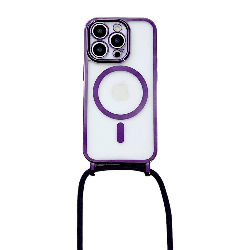 Applicable iPhone 16 Electroplated Lanyard Phone Case 15 Pro Transparent Magnetic Apple 17 Crossbody Shockproof Protective Cover