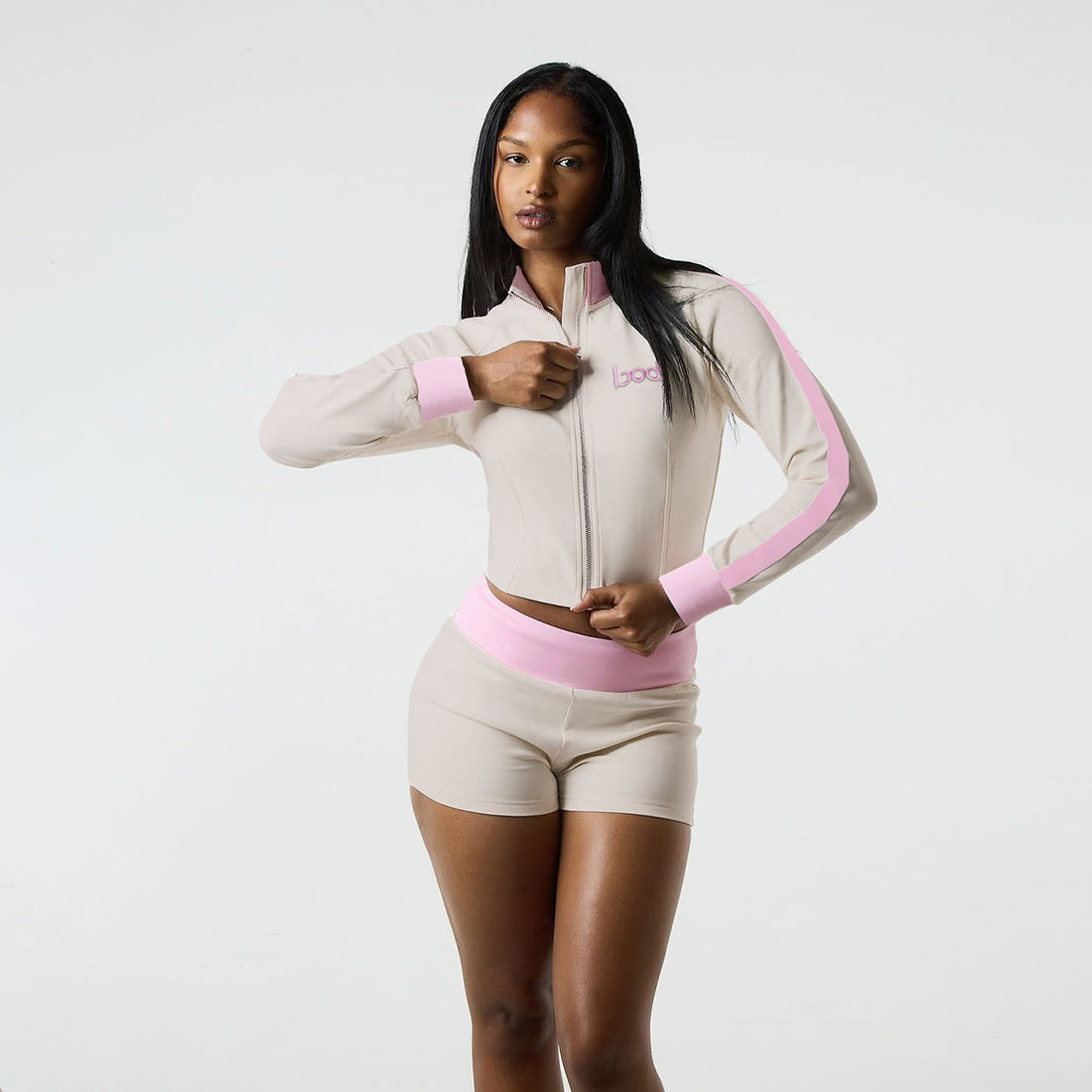 Fashionable Stand Collar  Letter Embroidery Zipper Tracksuit Shorts Set for Women