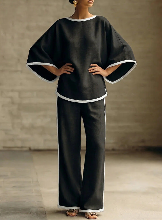 Round neck loose bat sleeves two-piece set