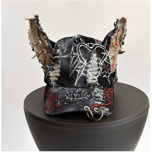 Doodle Doberman 3D Ears Baseball Cap, Japanese Streetwear Gothic Punk Style, Star Embroidered Snapback Hat for Women