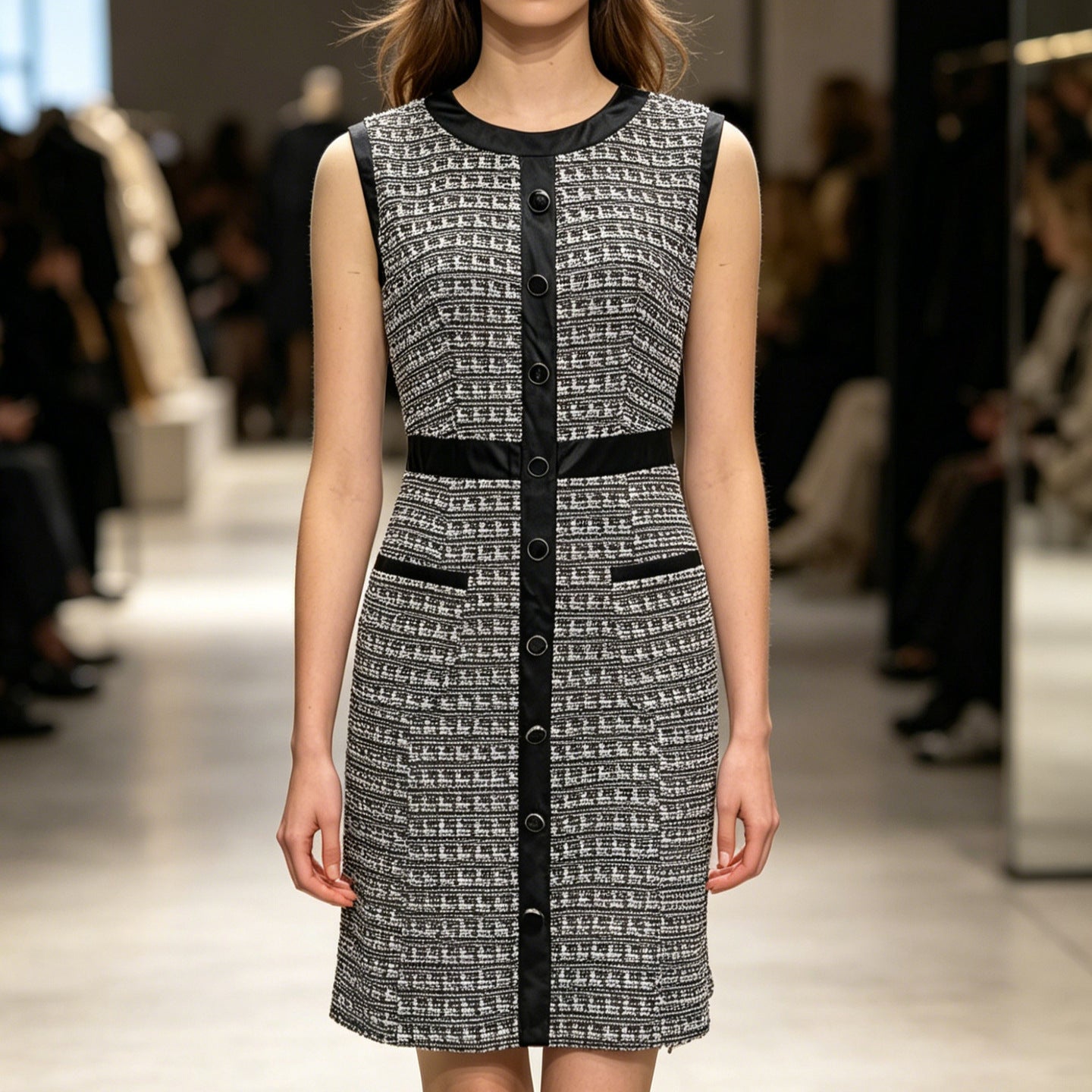Vintage leather trimmed tweed vest A-line skirt dress