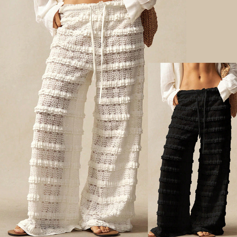 Streetwear Casual Solid Color Lace Jacquard Hollow-out Patchwork Tie-up Straight Leg Pants