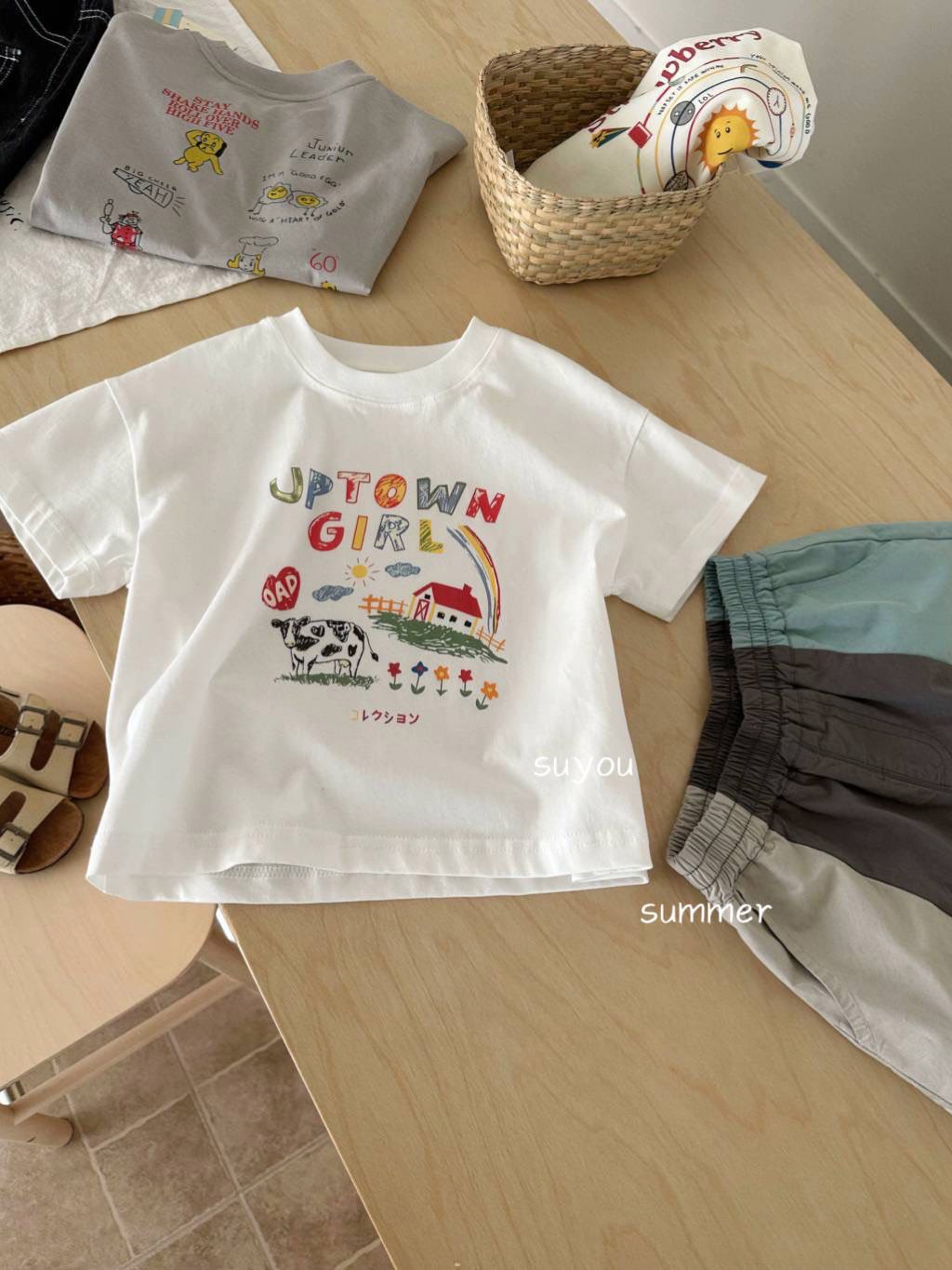 Children's Unisex Short Sleeve Loose  Cartoon Print Round Neck Top