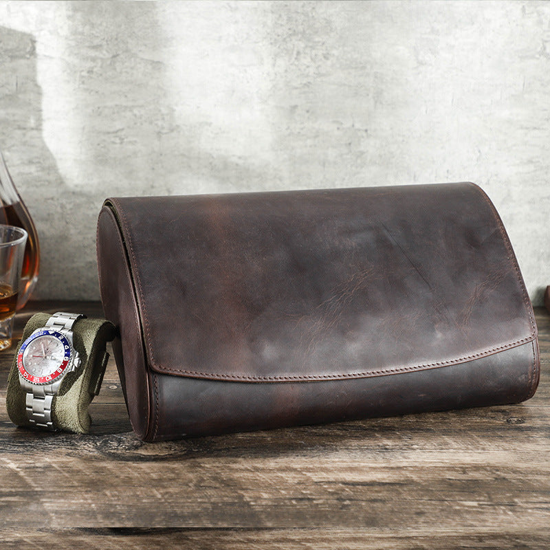 Vintage Crazy Horse Leather 8-Piece Shockproof Watch Storage Box, Portable Genuine Leather Watch Case for Travel