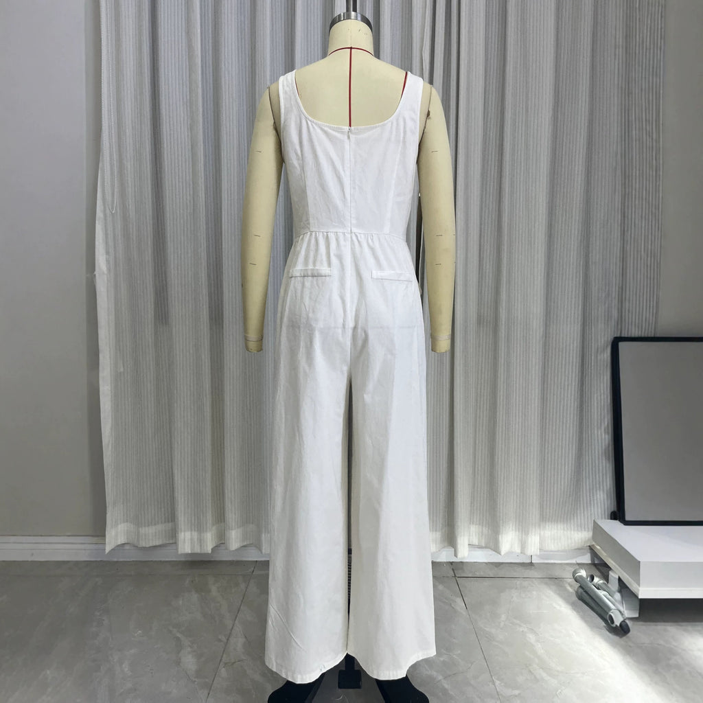 Summer pocket V-neck vest high waisted jumpsuit for women