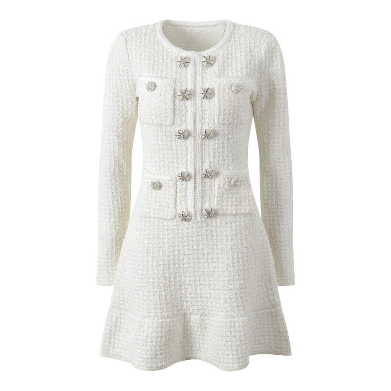 Double breasted round neck long sleeved dress