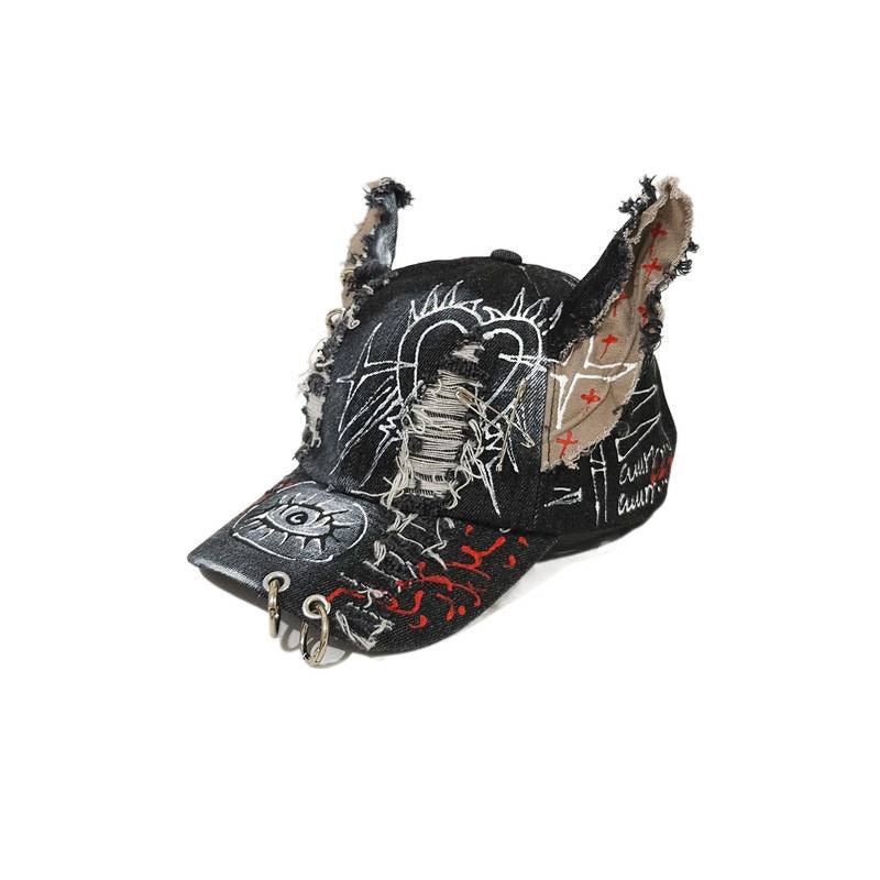 Doodle Doberman 3D Ears Baseball Cap, Japanese Streetwear Gothic Punk Style, Star Embroidered Snapback Hat for Women