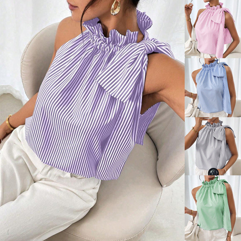 Fashionable Casual Sleeveless Striped Lace Trim High Neck Tie Knot T-Shirt Top
