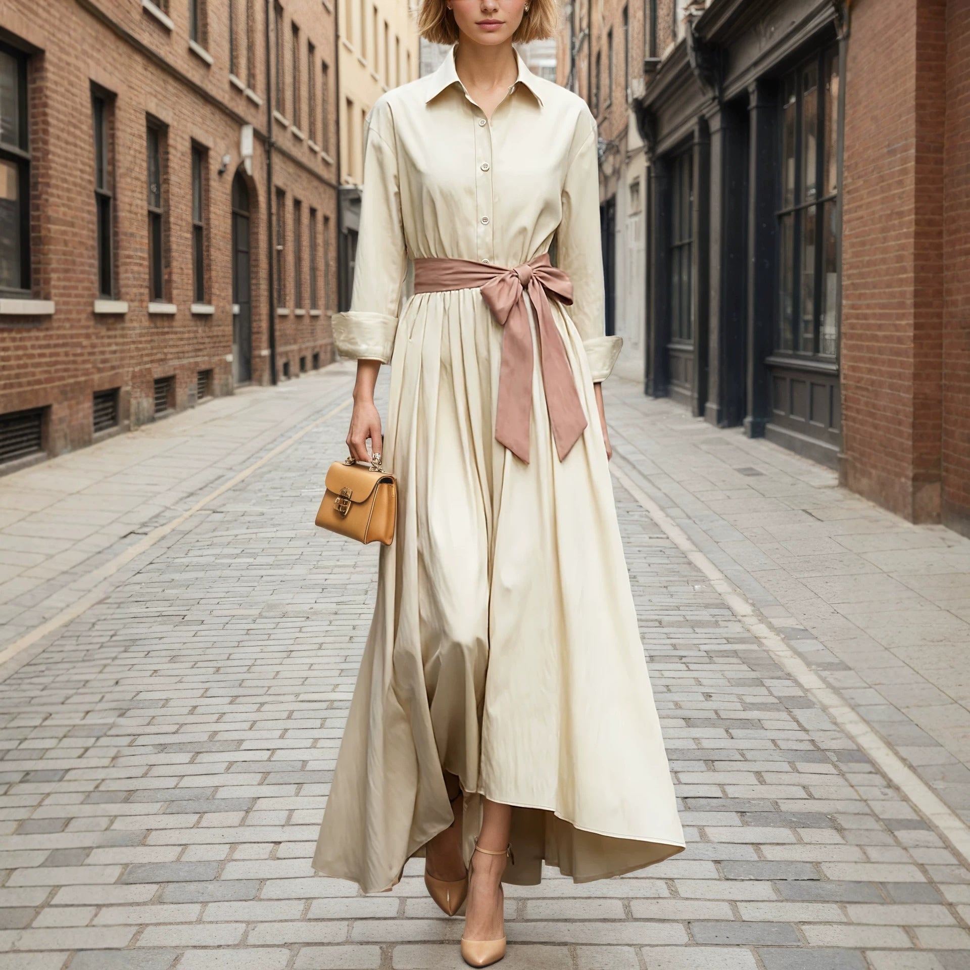 Long sleeved shirt collar solid color long skirt dress
