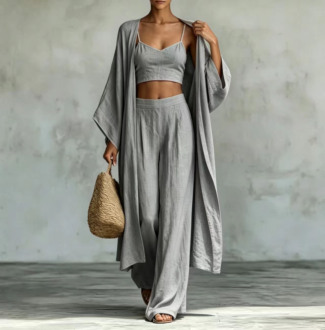 Loose cardigan short strap high waist wide leg pants set