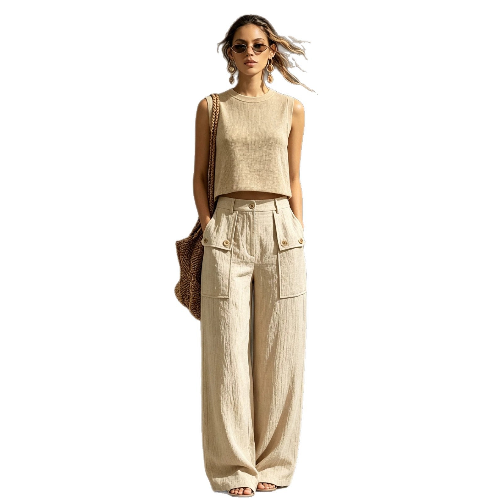 Khaki linen casual two-piece short knitted vest pocket wide leg pants set