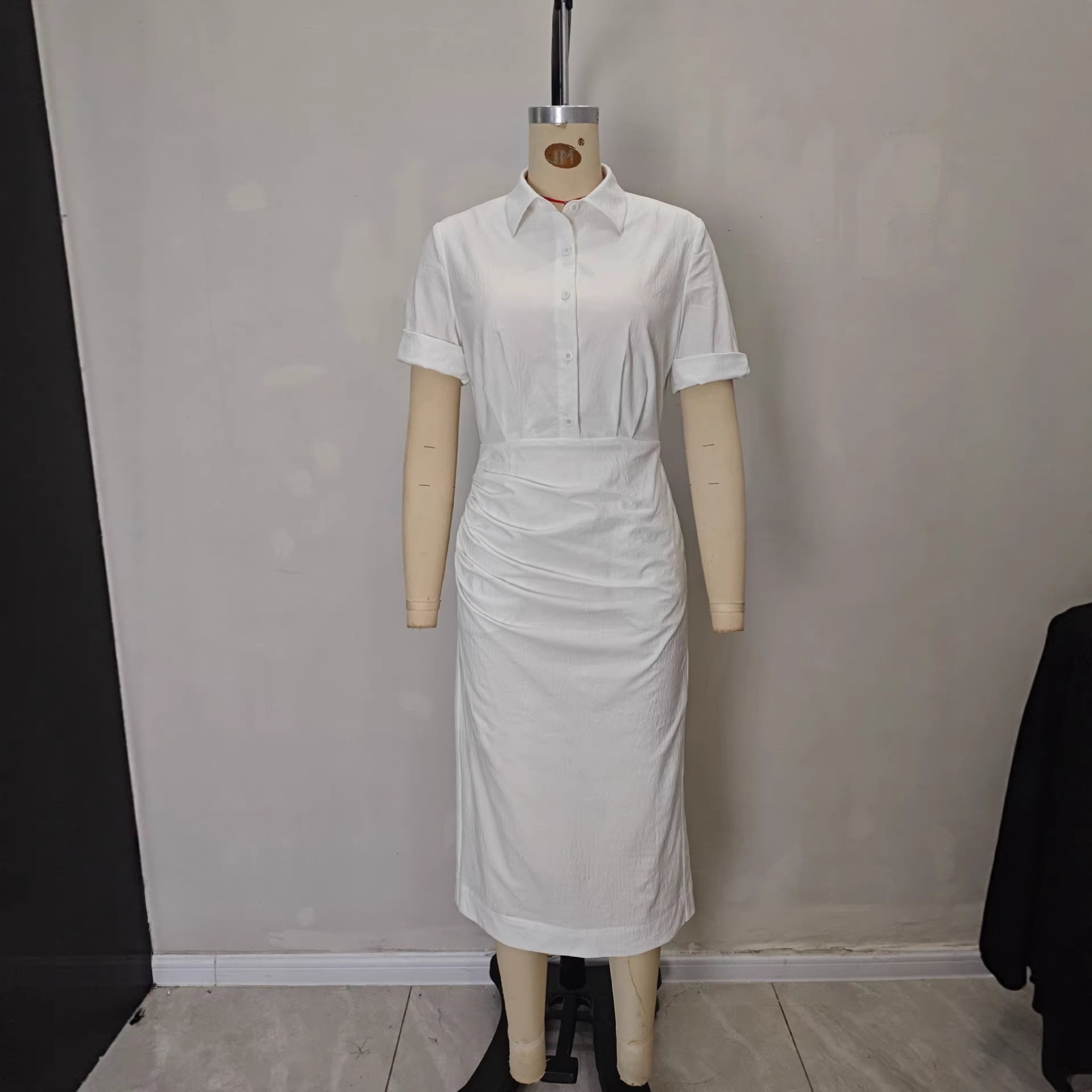 Solid color waist folded shirt long dress