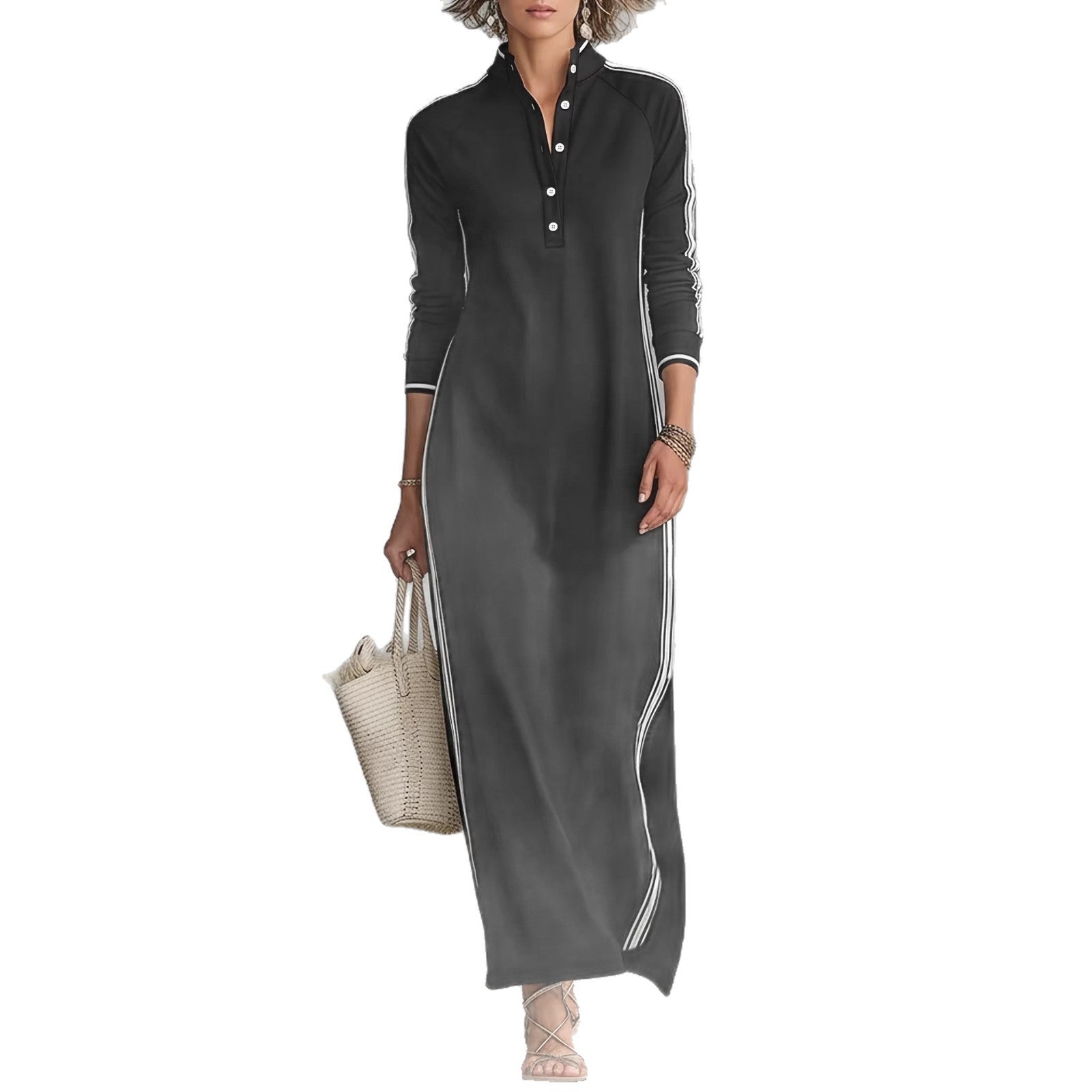 Long skirt women's simple white rolled edge button neck hoodie dress