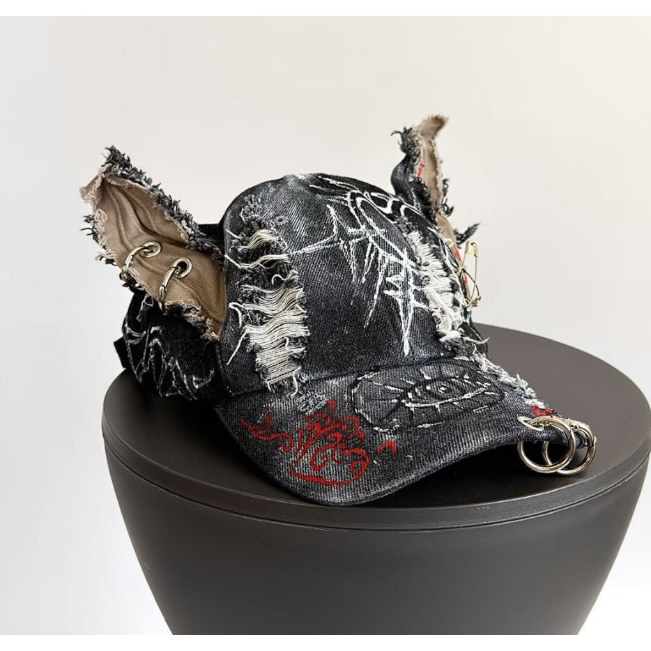 Doodle Doberman 3D Ears Baseball Cap, Japanese Streetwear Gothic Punk Style, Star Embroidered Snapback Hat for Women