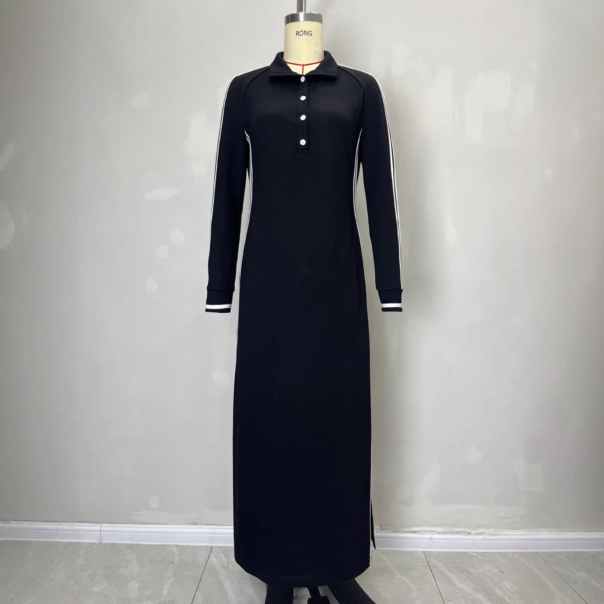 Long skirt women's simple white rolled edge button neck hoodie dress