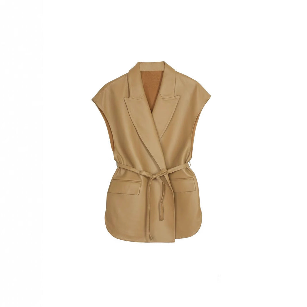 Sleeveless PU leather vest women's suit collar belt vest jacket