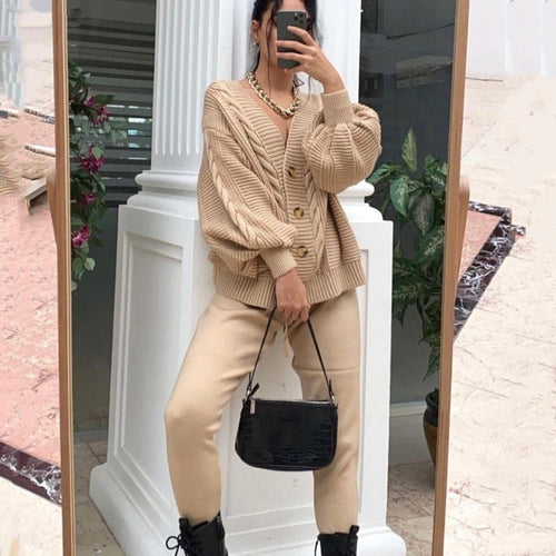 2-piece knit set for women pattern v-neck cardigan + pants trousers knitted suit tracksuit