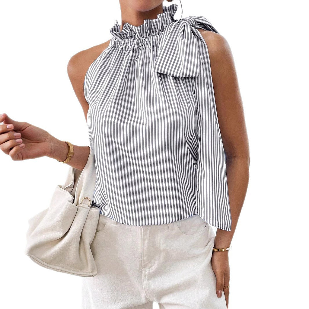 Fashionable Casual Sleeveless Striped Lace Trim High Neck Tie Knot T-Shirt Top
