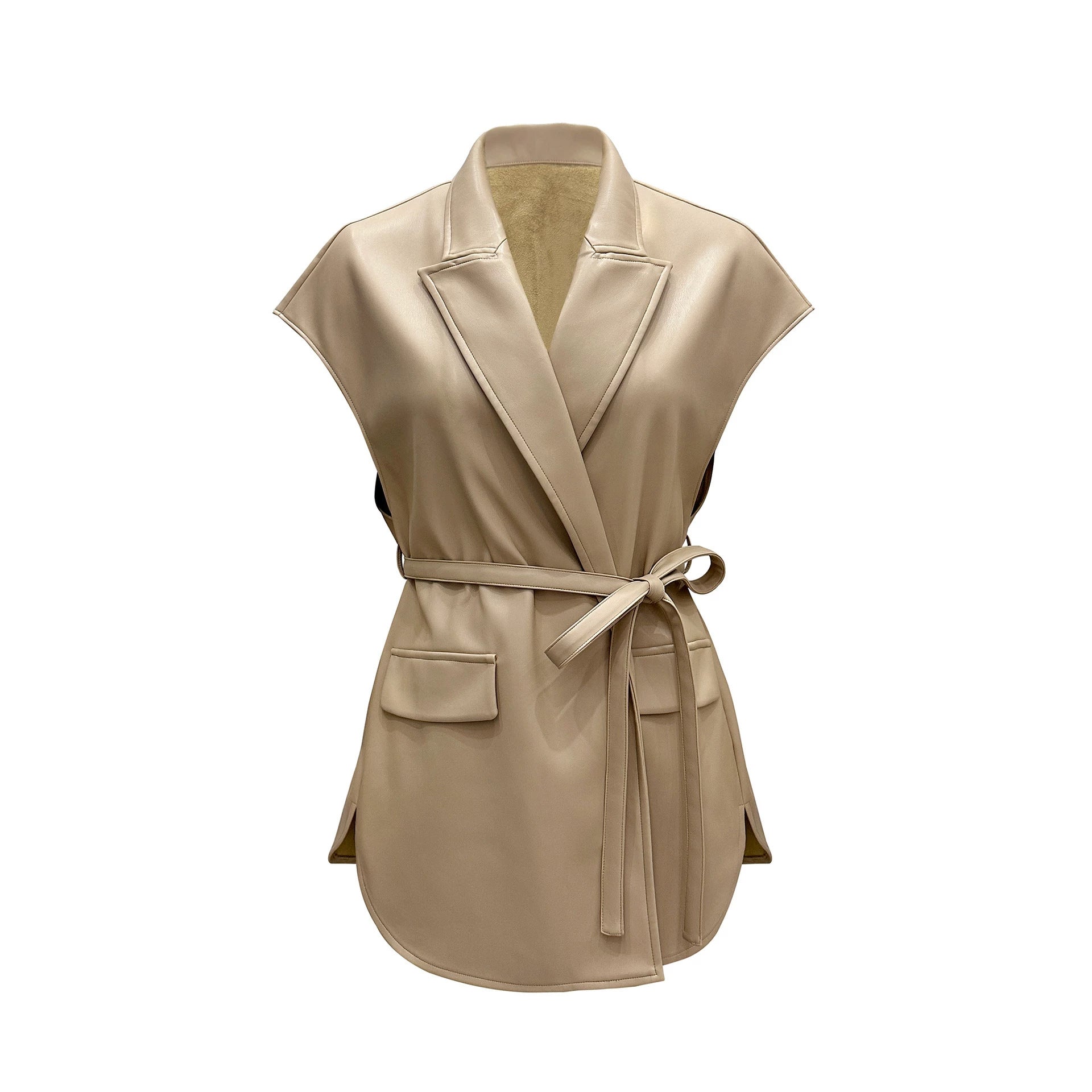 Sleeveless PU leather vest women's suit collar belt vest jacket