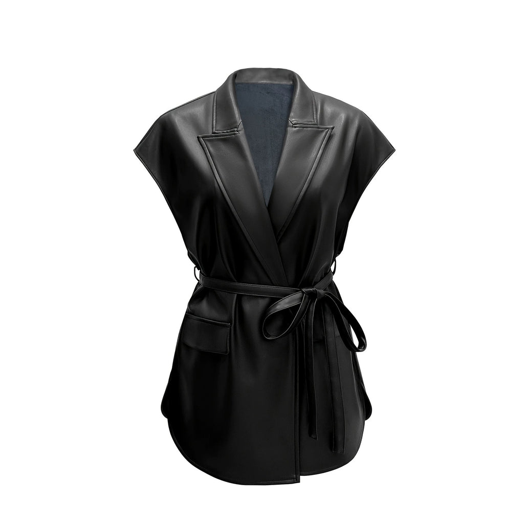 Sleeveless PU leather vest women's suit collar belt vest jacket