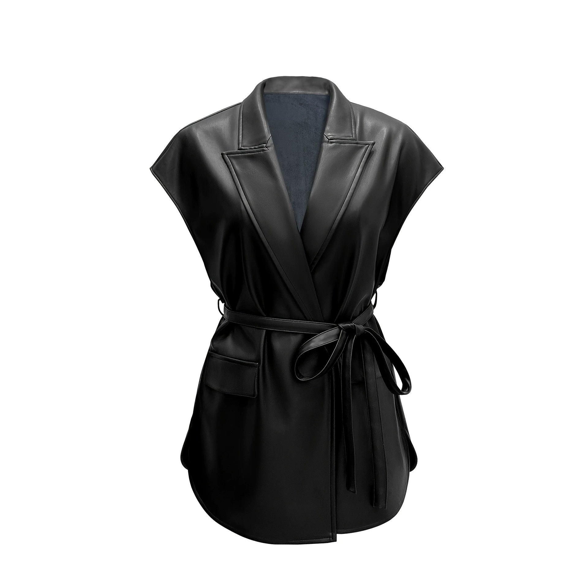 Sleeveless PU leather vest women's suit collar belt vest jacket