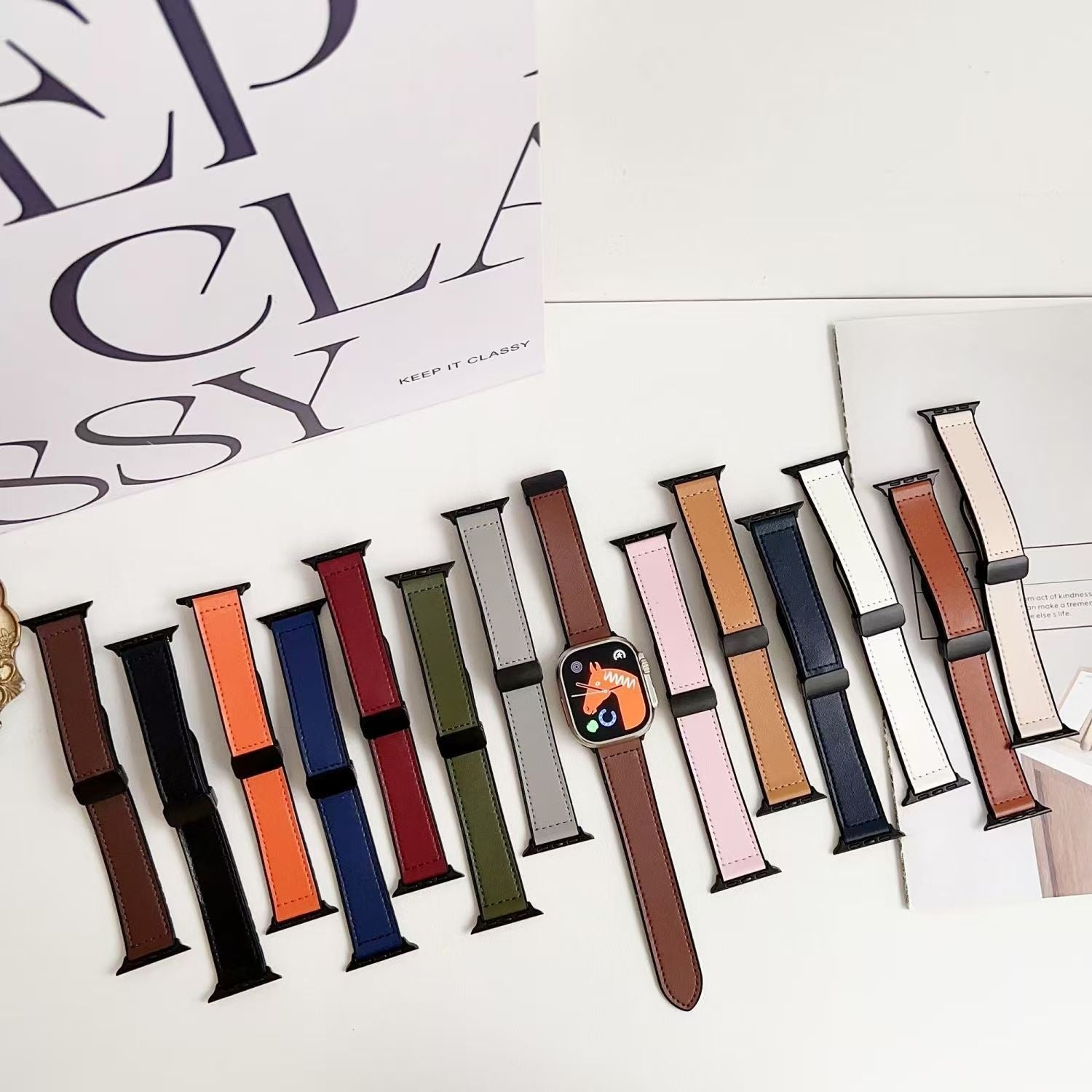 Compatible with Apple Watch 5/6/7/8/9 Ultra Magnetic Buckle Crazy Horse Texture Silicone Skin Strap