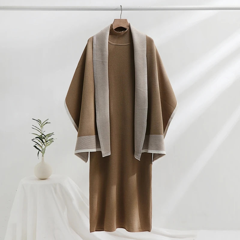 Elegant Women's Dress Sets Knitted Tracksuit Korean Style Winter Long Dress and Scarf Two Piece Suit for Lady