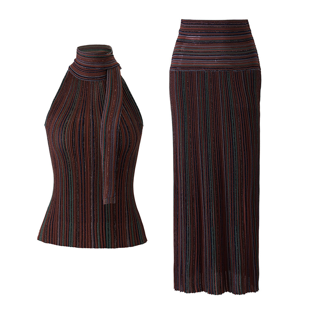 Striped sleeveless vest skirt set