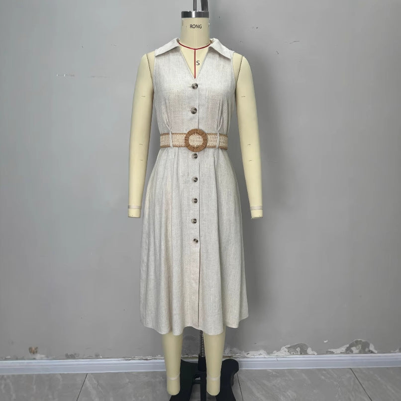 V-neck sleeveless breasted waistband A hem shirt dress for women