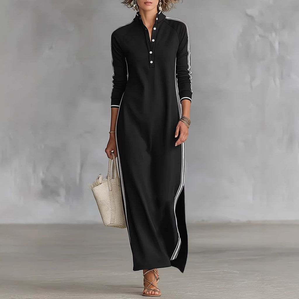 Long skirt women's simple white rolled edge button neck hoodie dress