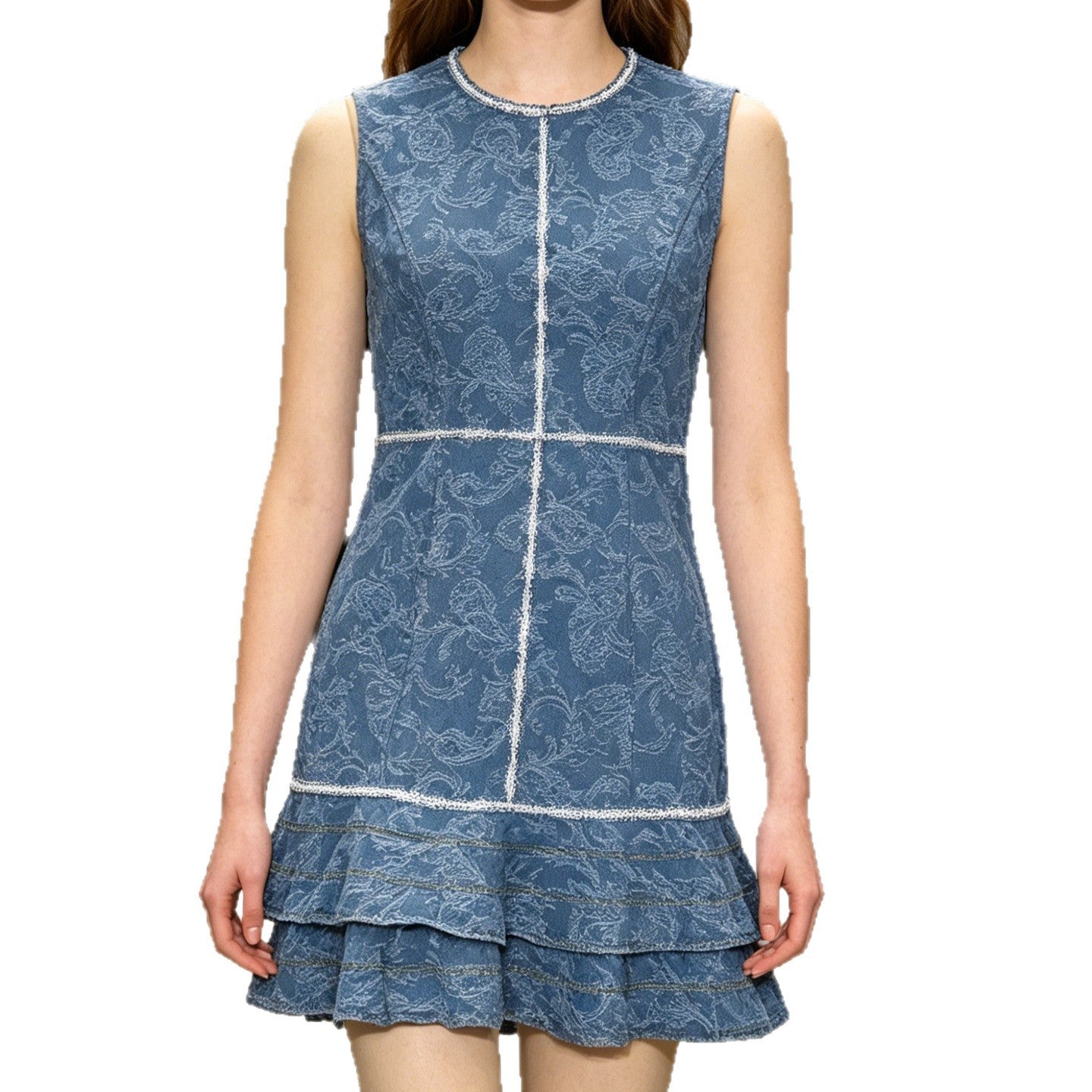Sleeveless blue and white print element denim blue dress