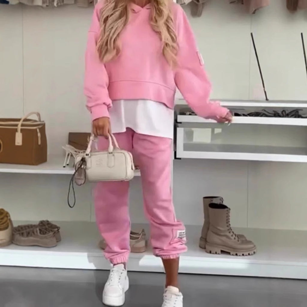 Fashionable Solid Color Casual Hooded Tracksuit Set for Women