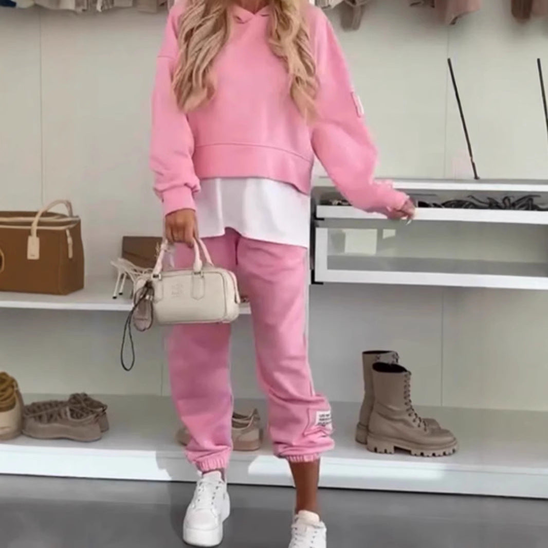 Fashionable Solid Color Casual Hooded Tracksuit Set for Women