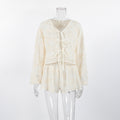 V-neck long sleeved lace up top and shorts two-piece set