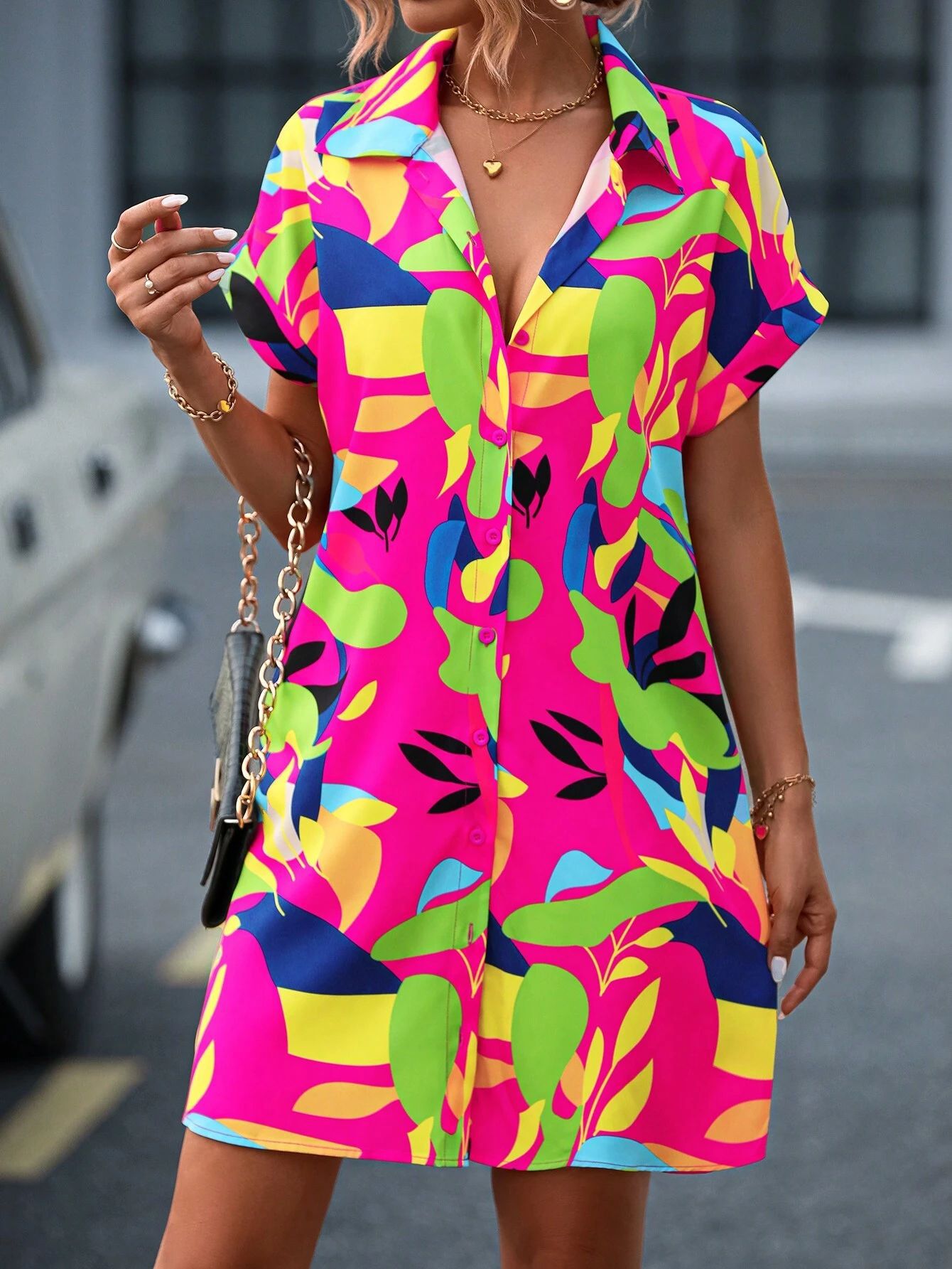 Summer New Fashion Colorful Floral Printed Open Front Short Sleeve Shirt Dress