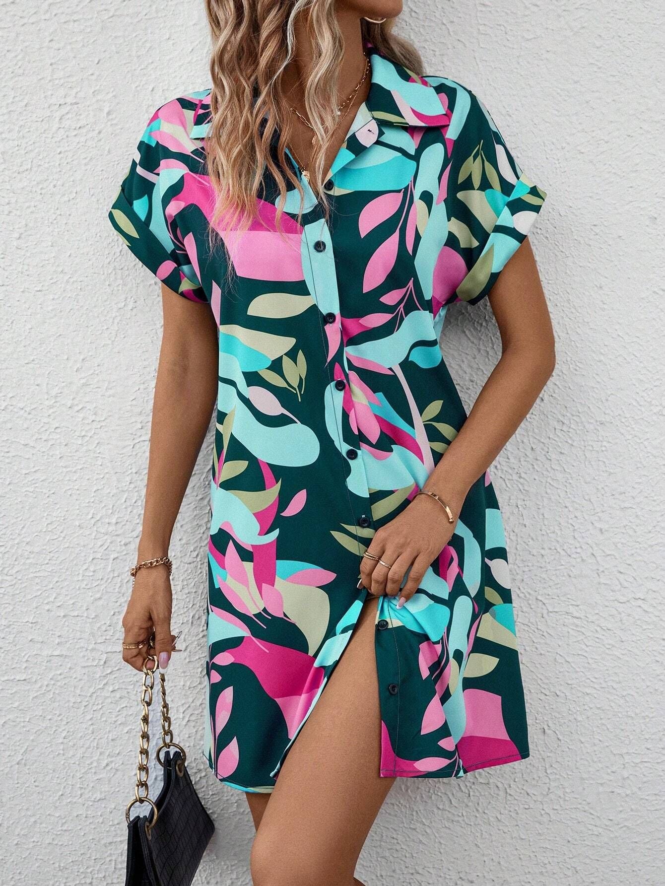 Summer New Fashion Colorful Floral Printed Open Front Short Sleeve Shirt Dress
