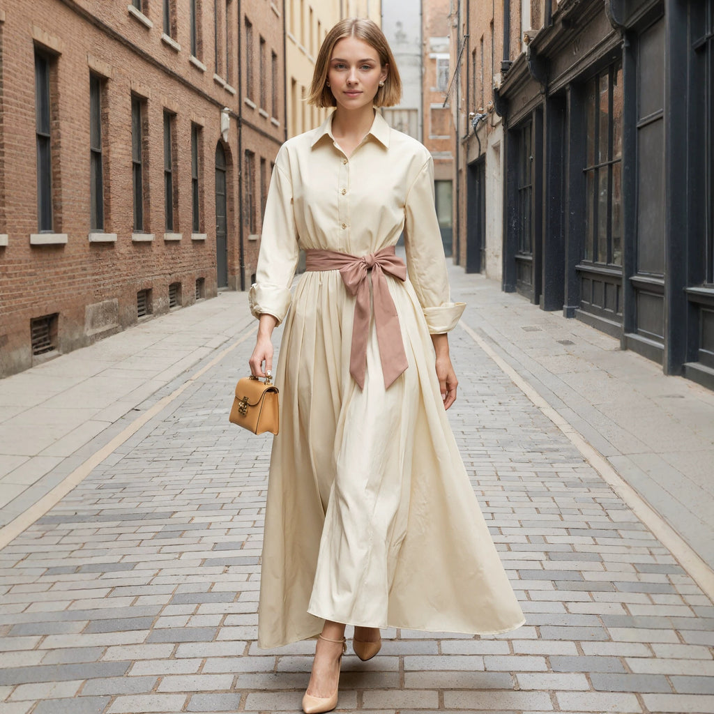 Long sleeved shirt collar solid color long skirt dress