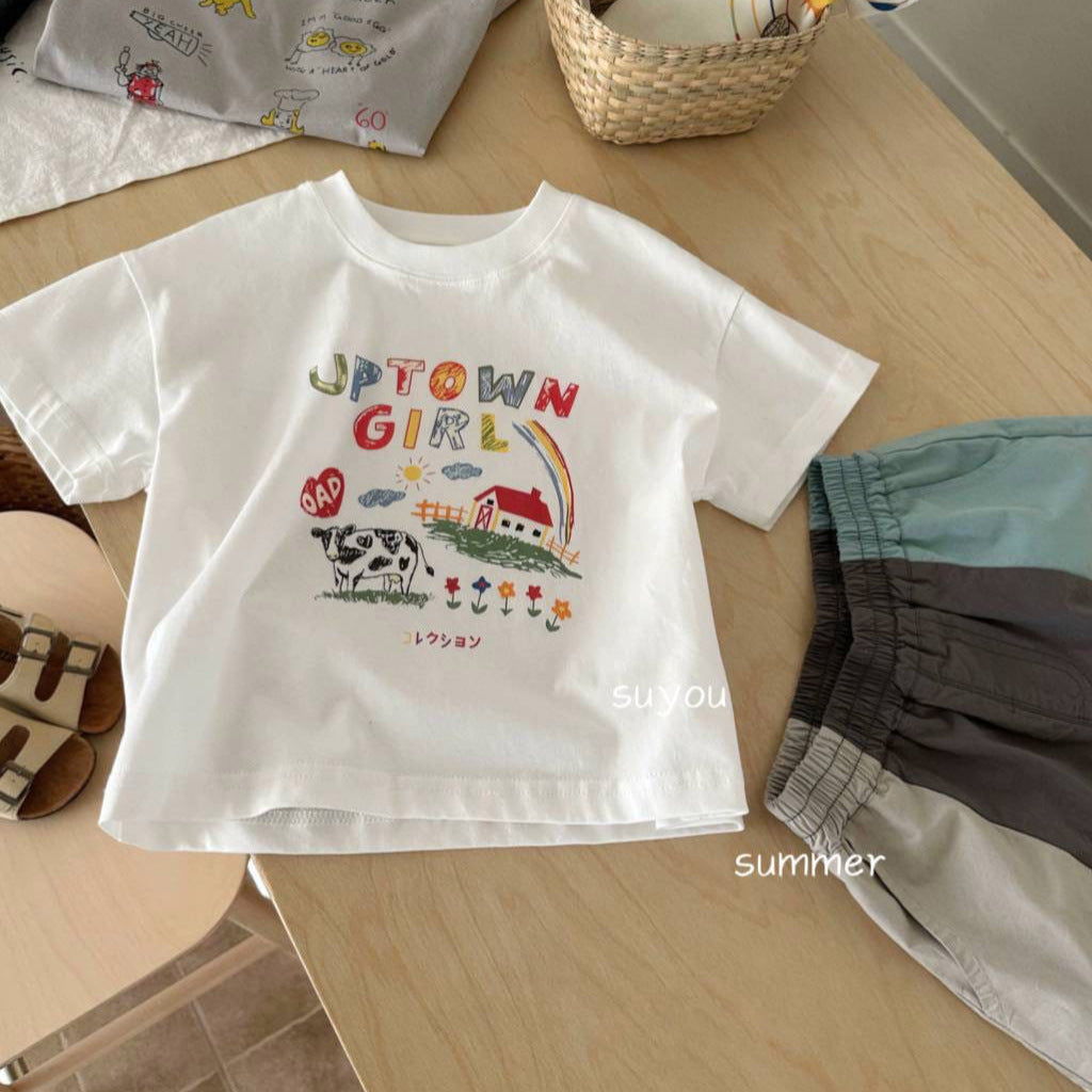 Children's Unisex Short Sleeve Loose  Cartoon Print Round Neck Top