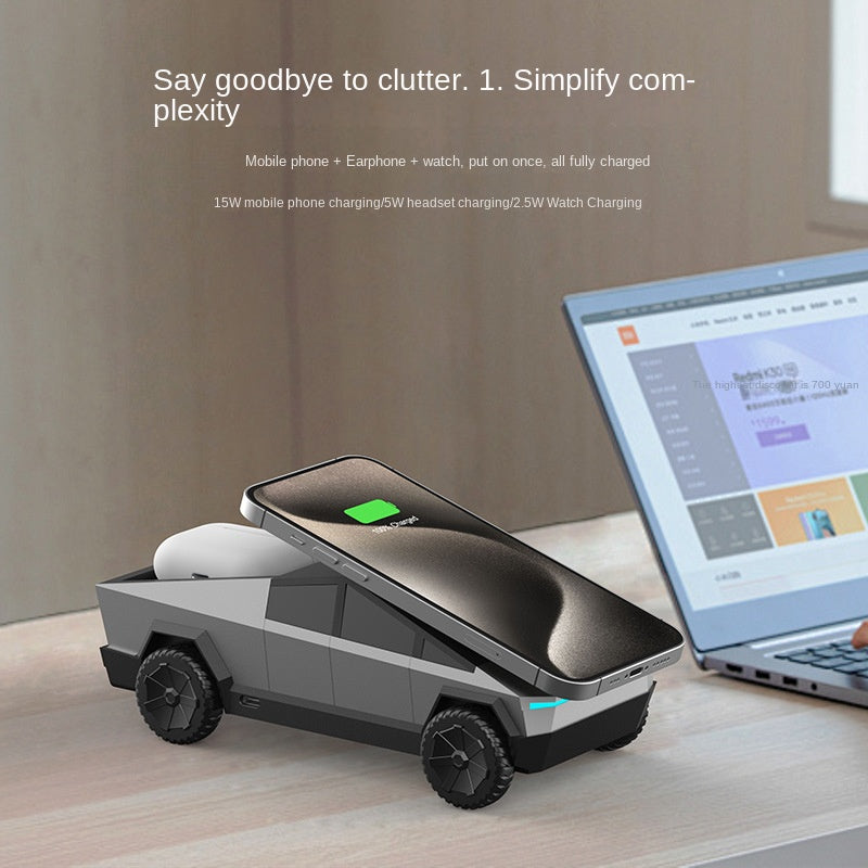 Cyber pickup truck car mobile phone watch earphone desktop multifunctional three in one wireless charger
