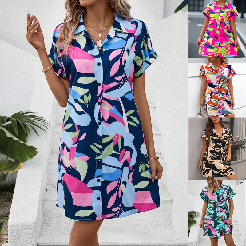 Summer New Fashion Colorful Floral Printed Open Front Short Sleeve Shirt Dress