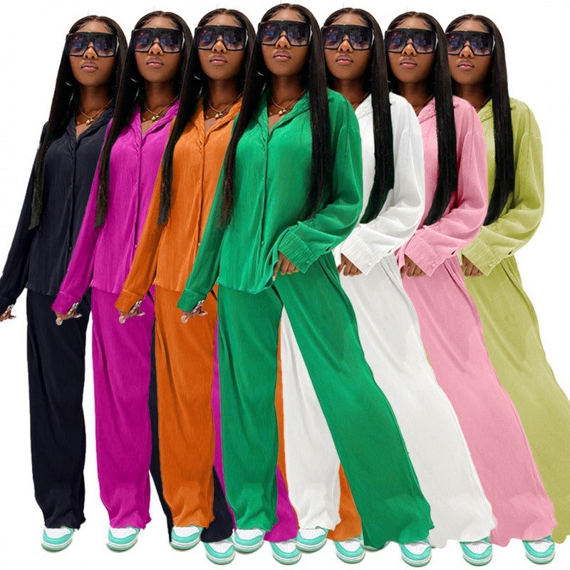 Women's Sets Long Sleeve Shirt Tops Wide Leg Pants Elegant Tracksuit Two Piece Set