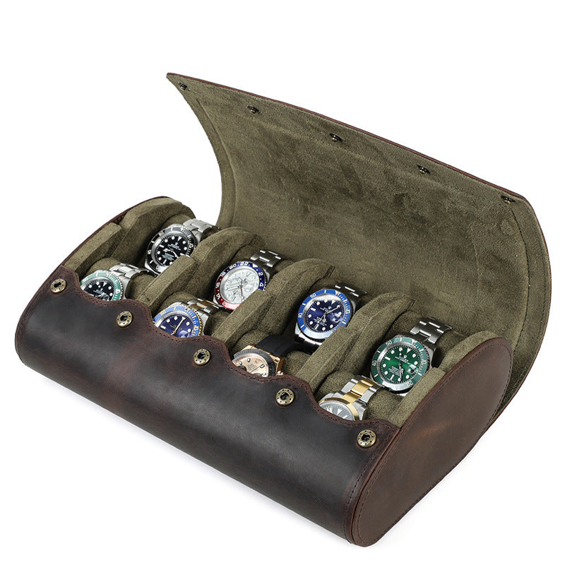 Vintage Crazy Horse Leather 8-Piece Shockproof Watch Storage Box, Portable Genuine Leather Watch Case for Travel