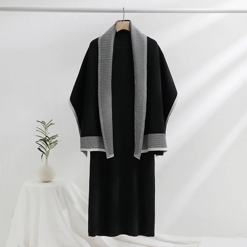 Elegant Women's Dress Sets Knitted Tracksuit Korean Style Winter Long Dress and Scarf Two Piece Suit for Lady