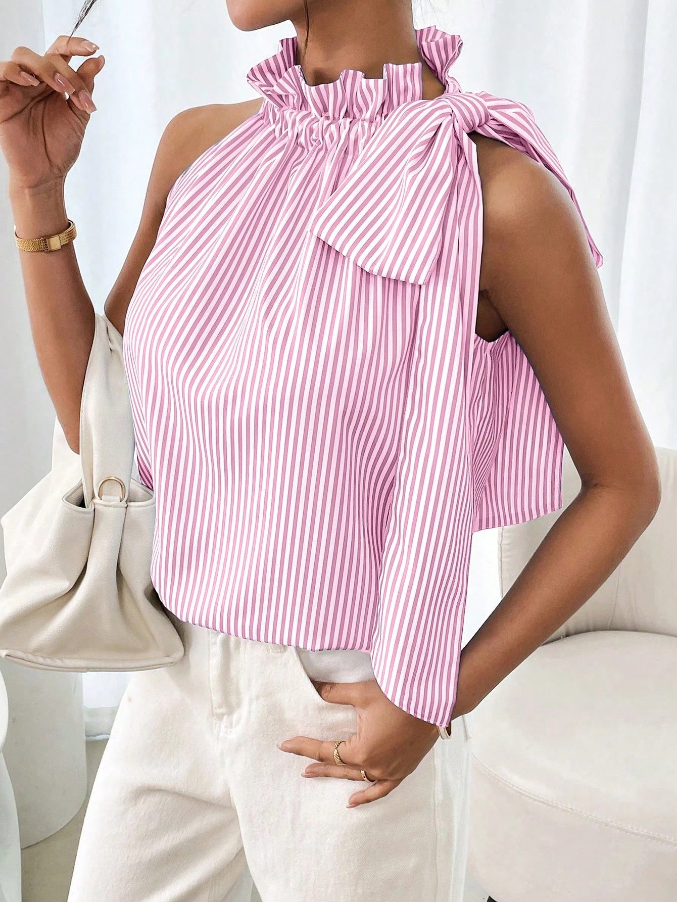 Fashionable Casual Sleeveless Striped Lace Trim High Neck Tie Knot T-Shirt Top